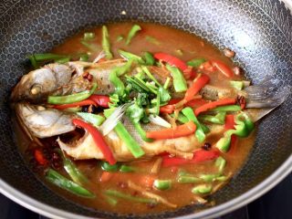 13、啤酒酱焖海鲈鱼,大火继续收汁，看见青红辣椒丝变色断生即可关火，撒上香菜段即可出锅咯。