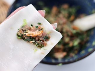 11、小白菜磷虾大馅馄饨,取一张馄饨皮,放入适量的馅料。