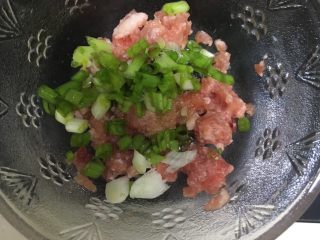 4、金鱼饺子,猪肉末里加入宝宝酱油、盐、小葱，搅拌均匀。