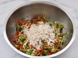 8、包菜虾皮菜团子,先放入淡干虾皮。