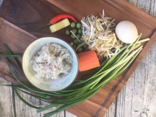 1、厨房挑战 荤菜 绿豆芽炒鲜虾皮（雪虾）,准备好食材。