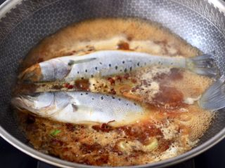 10、啤酒酱焖海鲈鱼,大火煮沸汤汁后,放入洗净的海鲈鱼。
