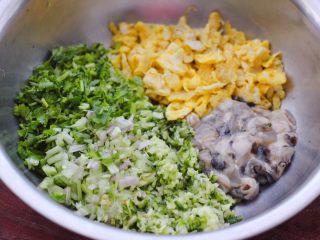 9、海蛎子西葫芦饺子,取一个大一点的容器，把切碎的西葫芦和香菜，葱姜和海蛎子，再加入炒熟的鸡蛋。