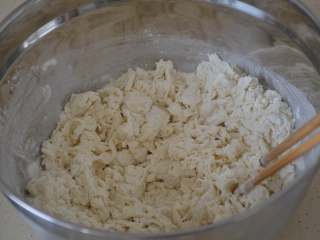 5、玫瑰花馒头,用筷子一个方向搅拌，使面粉和水充分粘合，形成这样的小面絮状。