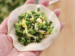 11、荠菜鸡蛋虾皮蒸包,擀好的饺子皮，放入适量的馅料。
