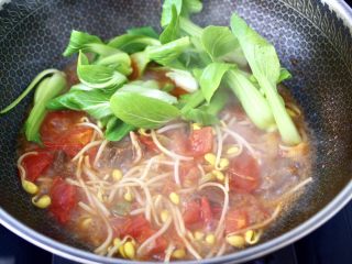 11、番茄牛腩面,大火烧开后转中火,烧至汤汁变得浓稠时,放入洗净的青菜。