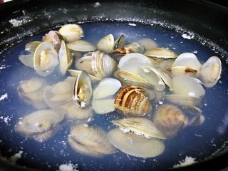 2、清煮文蛤,锅中加入清水烧开，文蛤倒进去，大火烧开之后转为中小火煮3~5分钟，至所有文蛤张开，捞出沥干水分，装入盘中。