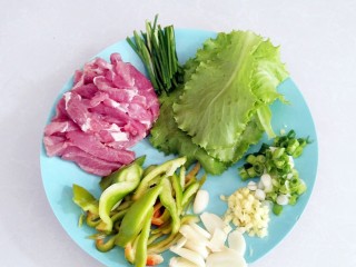 12、土豆酱肉丝卷饼,其它所有的食材备好：里脊肉切丝，大蒜切片，青椒切丝，葱，姜切末，生菜先洗干净。