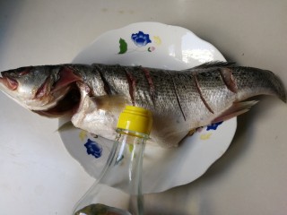 8、清蒸海鲈鱼,淋入两勺料酒