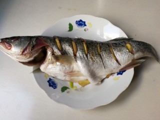 10、清蒸海鲈鱼,在海鲈鱼刀口插上姜片