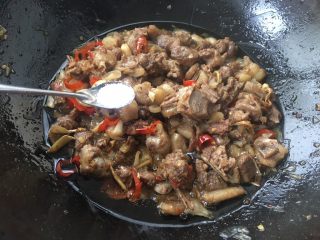 18、柠檬鸭～家乡的味道,添加盐1勺调味，添加完所有调料后，调小火慢慢炒慢慢焖。