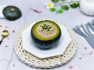 16、#感恩节食谱#有机南瓜肉糜盅,盖子放边上看一下(^_^)吃的时候用小调羹盛着吃！