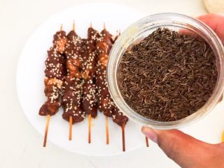 21、健康烧烤  电烤羊肉串,再均匀的撒上一层孜然粒