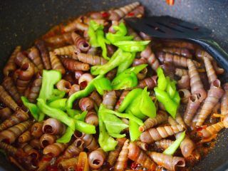 14、辣爆锥螺,加入切块的青椒。