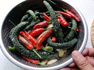 5、五香酱黄瓜,取一个干净无水的盆子，放进晾干后的黄瓜、辣椒、蒜片和生姜片。撒上盐，用手端着盆子颠动几下使食材与盐均匀混合。