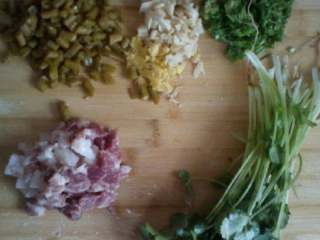 1、肉末酸汤面,准备材料酸豆角切末，肉切末，葱姜蒜切末，香菜洗好备用