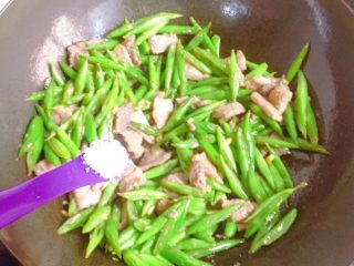 15、家常小炒四季豆,倒入四季豆，接着加入适量盐调味