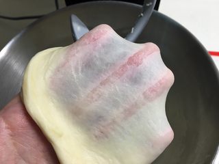 7、基础白吐司(波兰种),检查面团已经揉至完全阶段,可以拉出手套膜