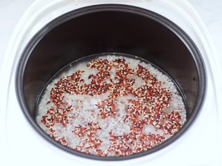 5、三色藜麦青菜饭团,锅中倒入适量的清水，这个可以根据个人口味来选择，做饭团的米饭还是不要蒸的太硬了，以免影响造型困难。