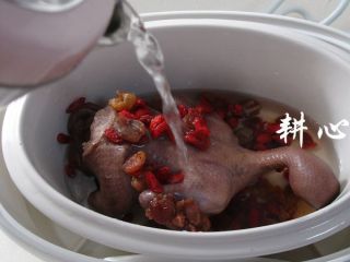 5、桂圆枸杞鸽子汤,一次性加足适量的清水。