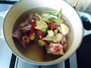 3、桂花香贴秋膘——番茄牛腩,把牛腩和所有香料放进锅里。倒水，水超过牛腩大概3公分。放几段葱白。