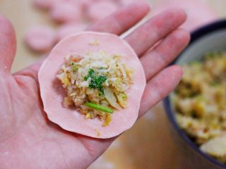 13、酸菜猪肉粉嫩饺子,擀好的面皮上，放入适量的馅料。