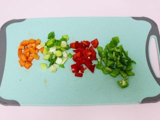 2、海虹蒜苗什锦蛋炒饭,用刀把蒜苗切碎,胡萝卜切丁,青红椒也切成小丁。