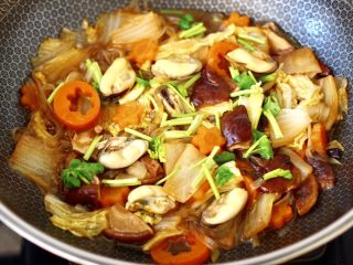 15、大白菜炖粉条,撒上香菜段，即可关火。