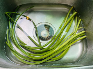 2、蒜苗炒腊肠,蒜苗清洗干净放入盐水中浸泡片刻