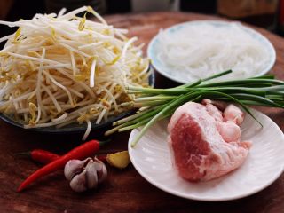 1、五花肉醋溜绿豆芽,准备好所有的食材4绿豆芽摘洗干净，粉条提前用水焯熟捞出备用。