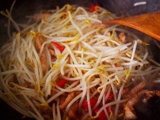 9、五花肉醋溜绿豆芽,这个时候加入绿豆芽，大火继续翻炒片刻。