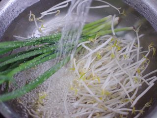 3、海兔绿豆芽小炒,把绿豆芽和韭菜摘洗干净。