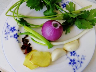 5、手撕鸡胸肉,准备配料，2瓣八角，几粒麻椒，2片姜，2瓣蒜，1根香葱，1个毛葱，1绺香菜。