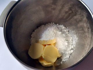 2、橙香磅蛋糕,糖粉和盐过筛，加入到黄油中。