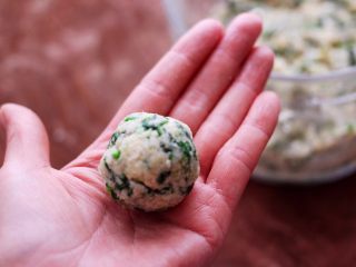 13、荠菜豆渣丸子,把搅拌好的馅,用手揉成圆圆的丸子。