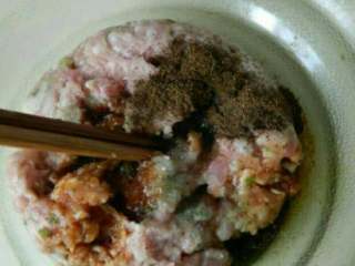 3、钟水饺,肉馅放入碗中加入盐，胡椒粉，花椒粉，料酒，生抽，鸡精搅打上劲成为馅料。