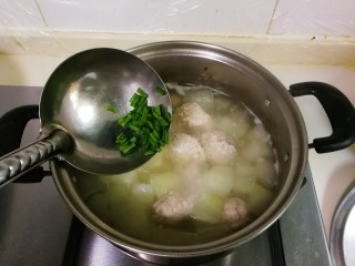 19、冬瓜汤汆蛋黄酱圆子,撒入葱花，滴几滴香油