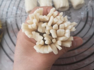 12、传统酥皮点心—花开富贵,豆沙分成15g一份，手托住剂子，豆沙放剂子中间，用虎口捏紧