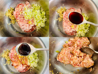 6、鲜肉榨菜锅盔,将肉馅倒入盆中，加入切好的姜、葱末，加入一勺酱油，一勺蚝油，充分搅拌均匀。