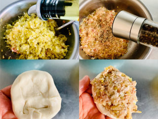 7、鲜肉榨菜锅盔,加入榨菜丁，加入食用油，加入黑胡椒。取一个醒发好的小面剂子，加入一大勺馅料