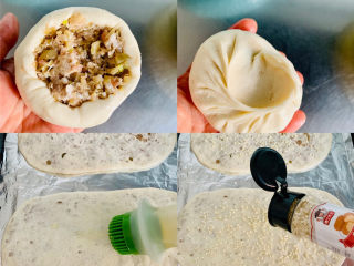 8、鲜肉榨菜锅盔,用包包子的手法包好馅料，烤盘铺好油纸，将包好的饼胚放在烤盘上用手轻轻按压平整，馅料露出也不怕，薄薄的刷上一层薄油，撒上白芝麻