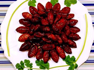 8、蒜蓉辣椒酱炒蚕蛹,蚕蛹的营养价值非常丰盛口感香浓细腻回味无穷