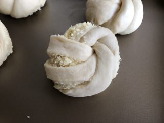 13、椰蓉餐包,手捏两端，边抻长边拧2绕后，打个结，如图，全部做好表面覆盖湿毛巾进行二次发酵