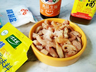 1、#猪年#糖醋里脊,里脊肉切成长条状，放入图中所有的调料