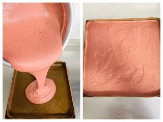 9、红丝绒蛋糕卷,将蛋糕糊倒入28*28烤盘中,烤盘垫上油布。轻震几下烤盘震出气泡。