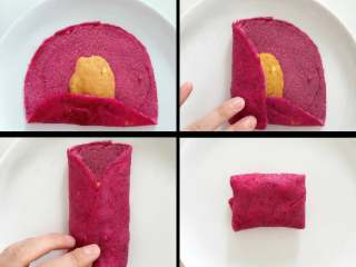 4、宝宝辅食：红心火龙果班戟,准备一张班戟皮，取一半红薯芝士泥放在饼皮中间，底下折上去，然后两边往里折，最后把上面的折下来，翻面放到盘子中。