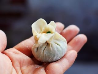 11、荠菜鸡肉蒸饺,紧紧的收住口即可。