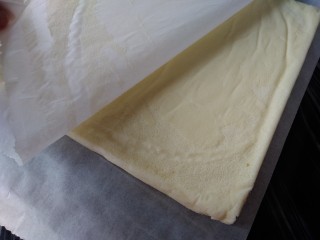 10、圣诞树根蛋糕,烤好的蛋糕立即取出，晾三分钟后倒扣在另一张干净的油纸上，趁热撕去底部的油纸，放凉