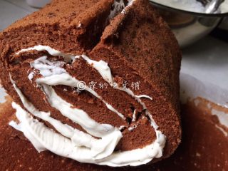 16、圣诞树桩蛋糕,然后把打发好的淡奶油抹在蛋糕片上，象卷蛋糕卷一样，一片连着一片卷起来就可以（卷得紧一些）。卷好的蛋糕卷用油纸包起来，放到冰箱冷藏1小时定型