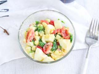 8、白煮蛋玉米沙拉,搅拌均匀,将熟蛋黄都搅拌开来,包裹着玉米、番茄、青菜,即使不放任何酱料也有比较好的口感。如果还想加些调味,可以加些沙拉酱或苹果醋。觉得太过于清爽,加些核桃油或亚麻籽油也特别好。